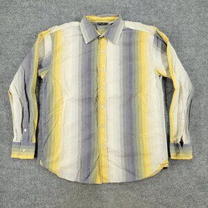 Sean John Button Shirt Men's Large Beige Gray Striped Collared Long Sleeve Adult